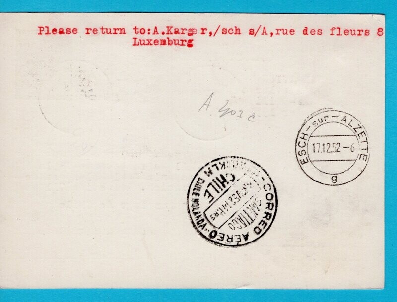 LUXEMBOURG card  by KLM openingsflight to Chile 1952
