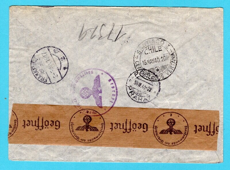 BOHEMEN MORAVIA R-airmail cover 1940 Prag to Chile