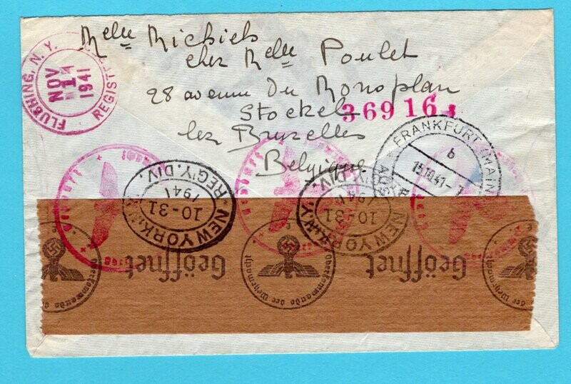 BELGIUM censored R air cover 1941 Brussels to USA