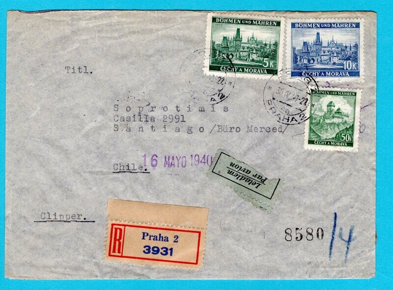 BOHEMEN MORAVIA R-airmail cover 1940 Prag to Chile