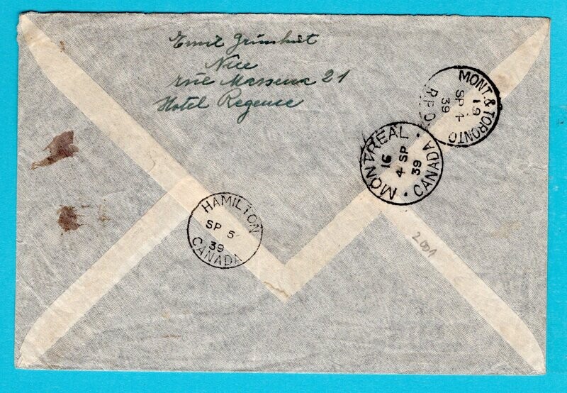 FRANCE R airmail cover 1939 Nice to Canada