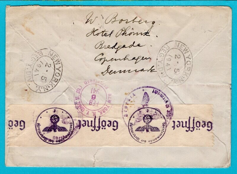 DENMARK R-air censor cover 1941 Kopenhagen to USA