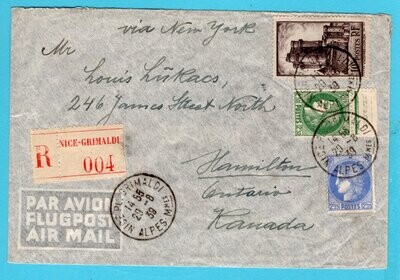 FRANCE R airmail cover 1939 Nice to Canada