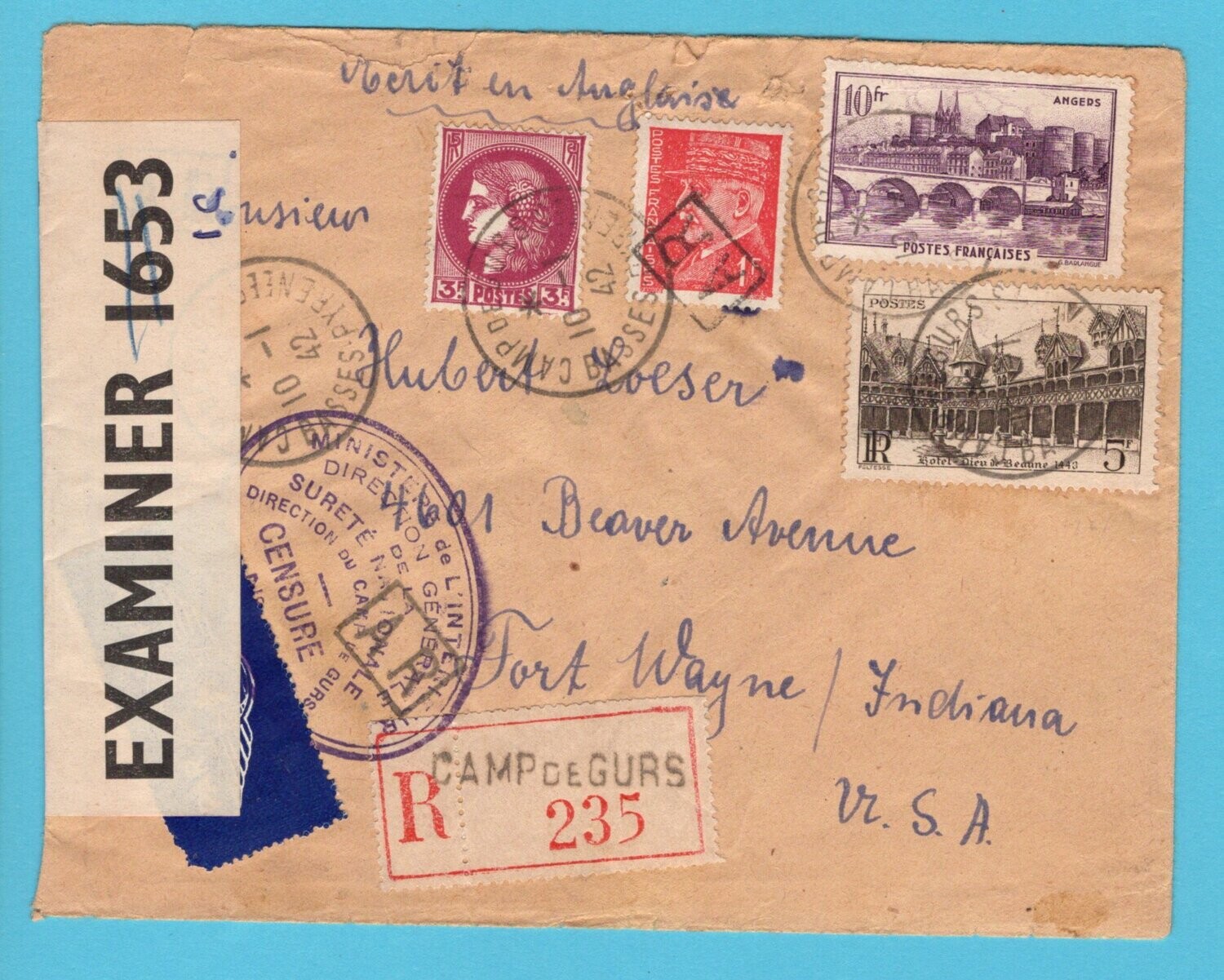FRANCE R air censor cover 1942 Camp de Gurs to USA