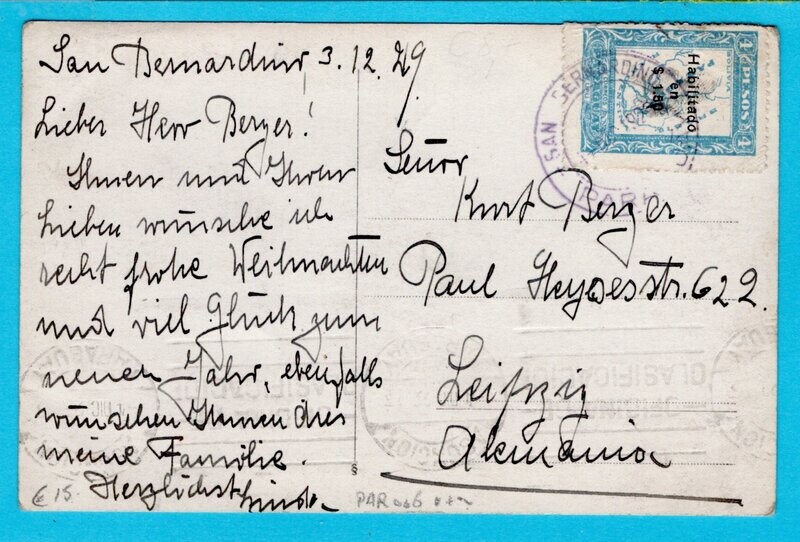 PARAGUAY photocard 1929 San Bernardino to Germany