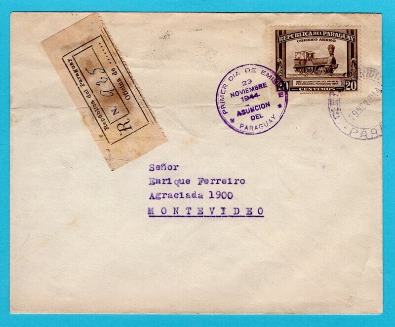 PARAGUAY FDC first railway 1944 Asuncion to Uruguay