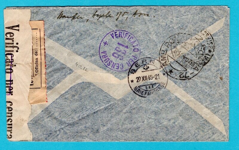 PARAGUAY R LATI air cover 1940 Asuncion to Switzerland