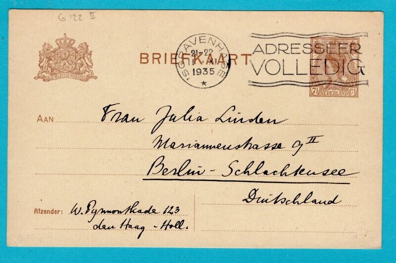 NEDERLAND briefkaart 1935 Den Haag naar Duitsland G-122-II