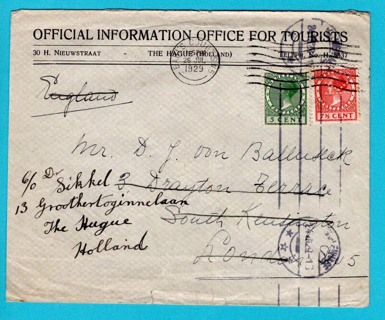 NEDERLAND brief 1929 's Gravenhage naar Engeland en retour