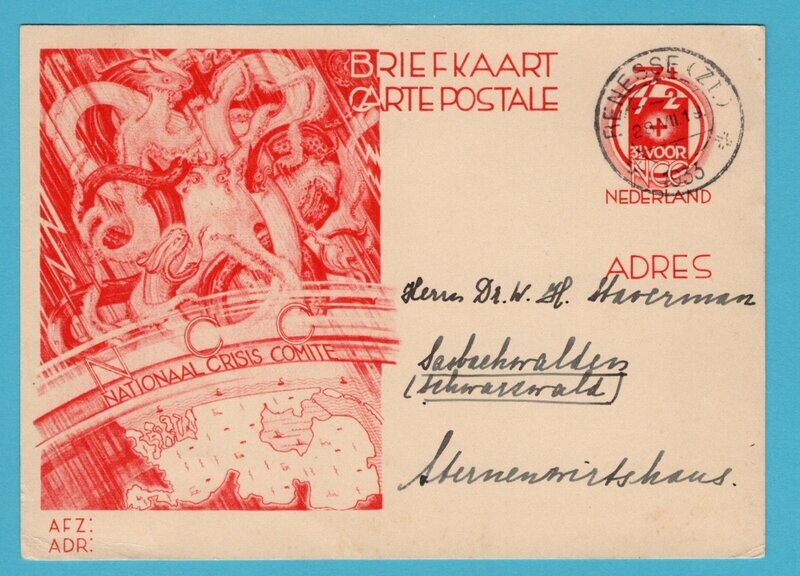 NEDERLAND crisis briefkaart 1933 Renesse naar Duitsland