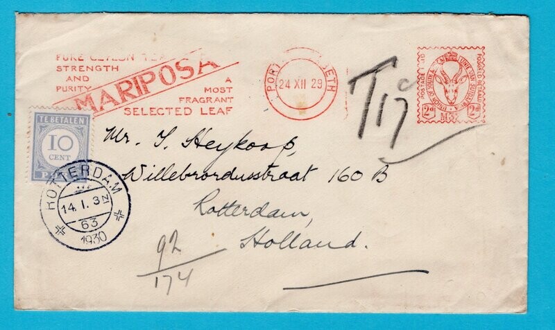 NEDERLAND beporte brief 1930 van Zuid Afrika naar Rotterdam