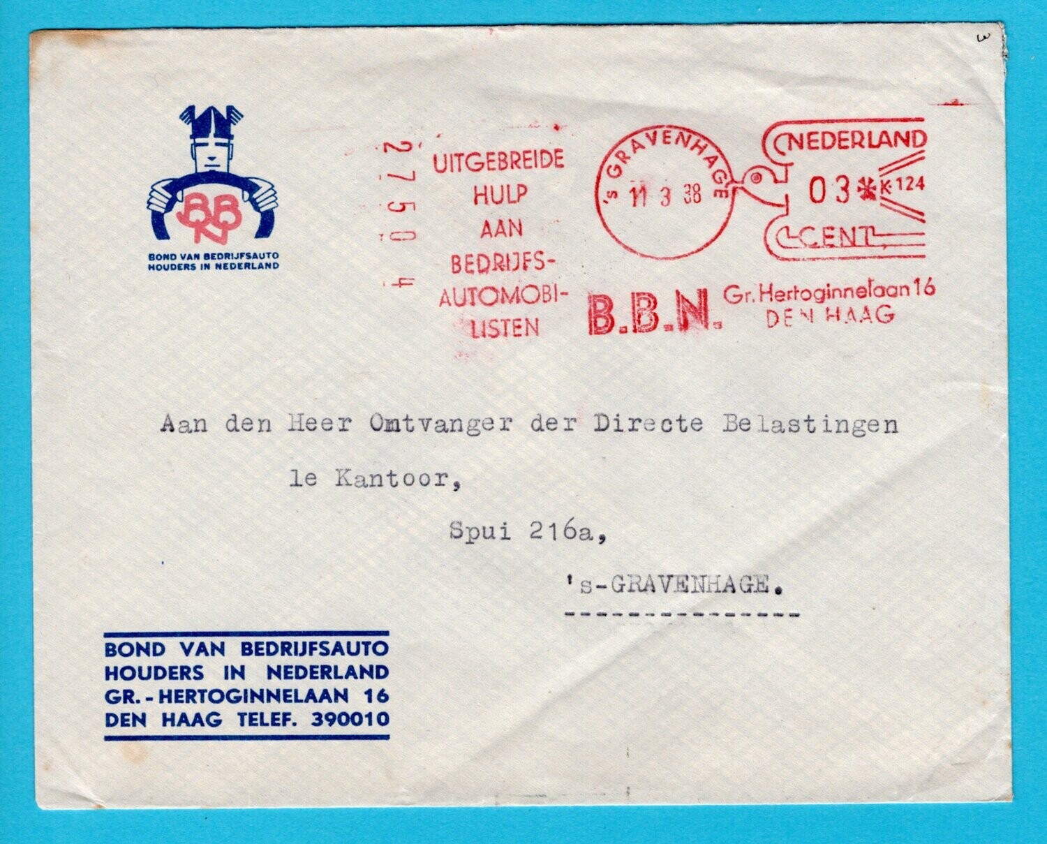 NEDERLAND brief Bond BedrijfsAutohouders 1938 's Gravenhage