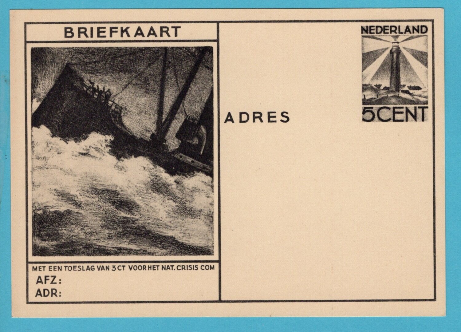 NEDERLAND briefkaart crisiscomité 1933 5ct met vuurtoren **