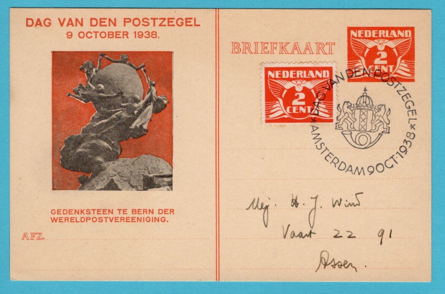 NEDERLAND briefkaart 1938 Dag van de Postzegel met UPU symbool