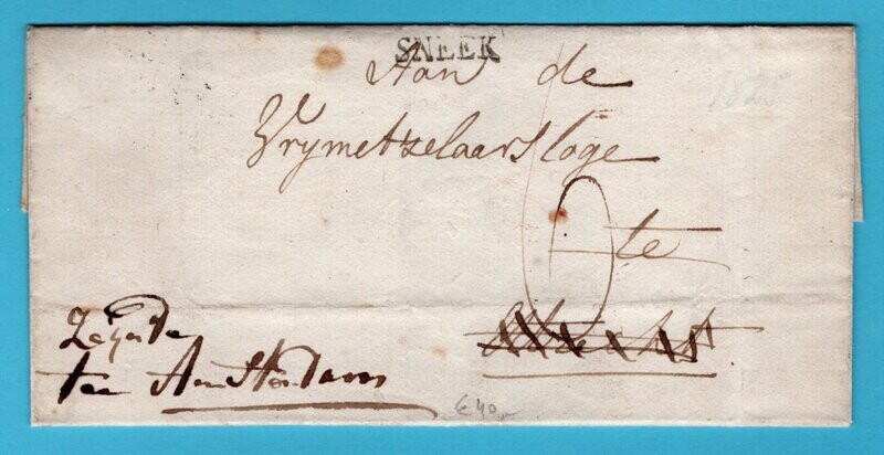 NEDERLAND omslag 1825 Sneek met "DEB.118/Utrecht" vrijmetselarij