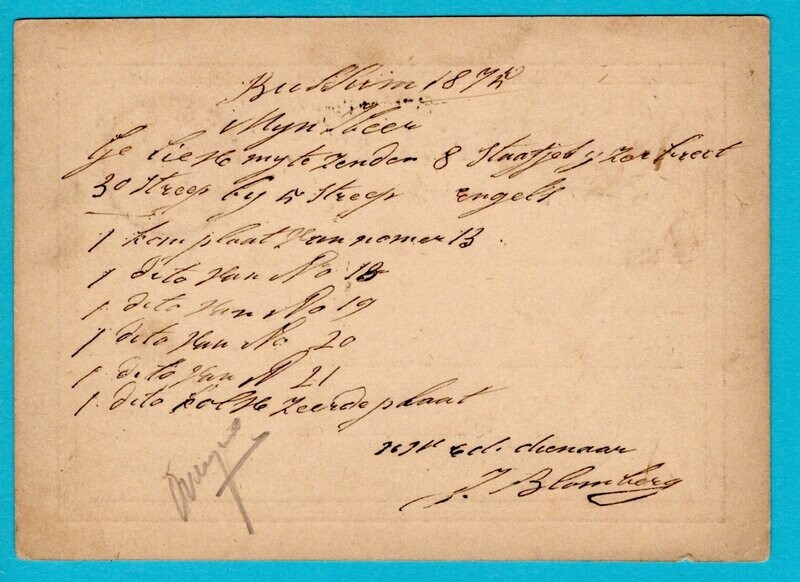 NEDERLAND briefkaart 1875 Bussum en treinstempel Amsterd-Zutph