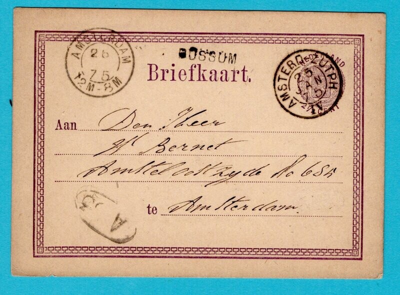 NEDERLAND briefkaart 1875 Bussum en treinstempel Amsterd-Zutph