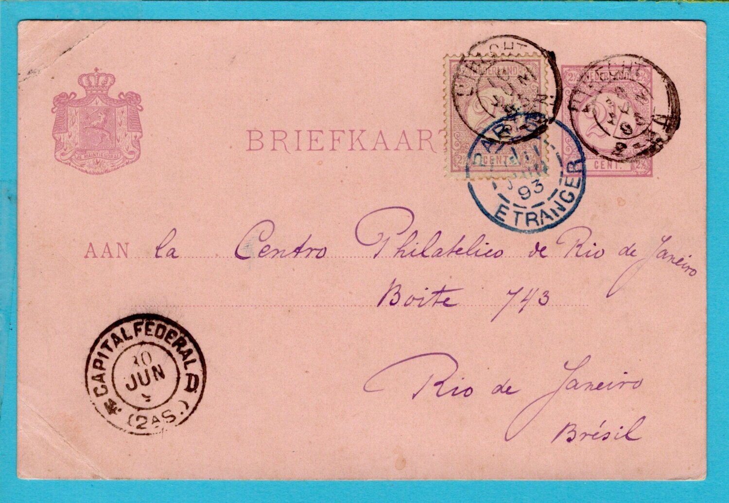 NEDERLAND briefkaart 1893 Utrecht naar Brazilië