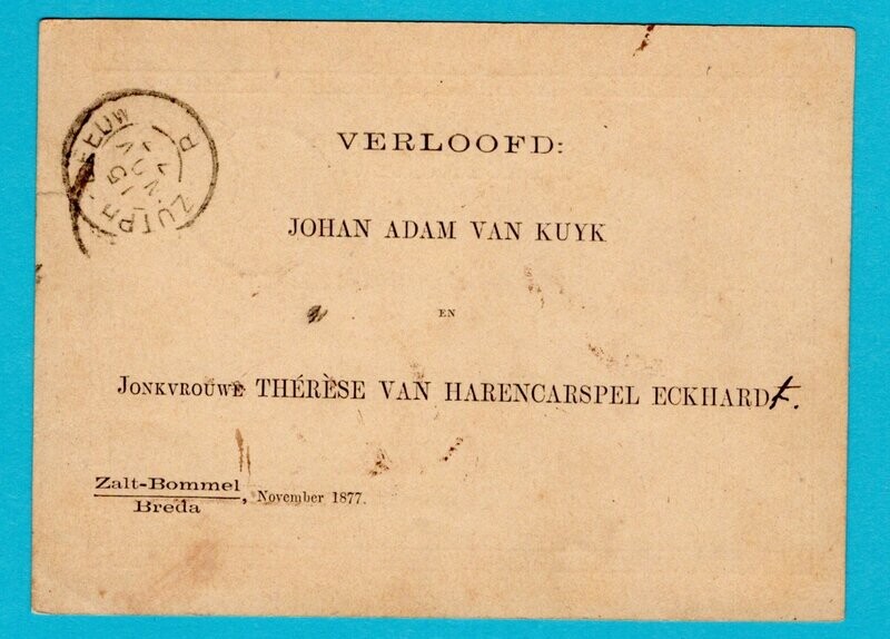 NEDERLAND briefkaart 1877 Zaltbommel met verlovings aankondiging