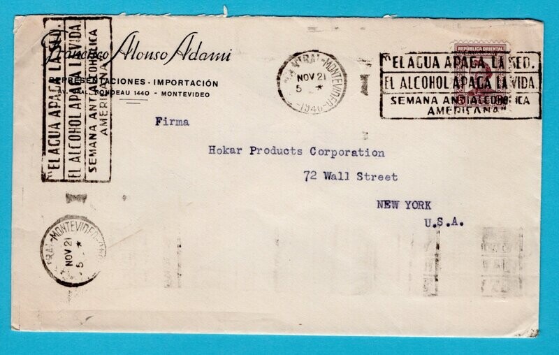 URUGUAY cover 1940 Montevideo Anti Alcohol slogan to USA