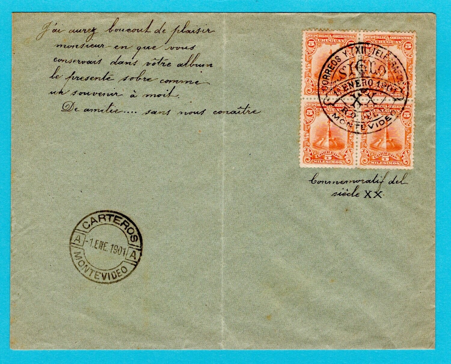 URUGUAY souvenir cover 1901 Montevideo for 20th century