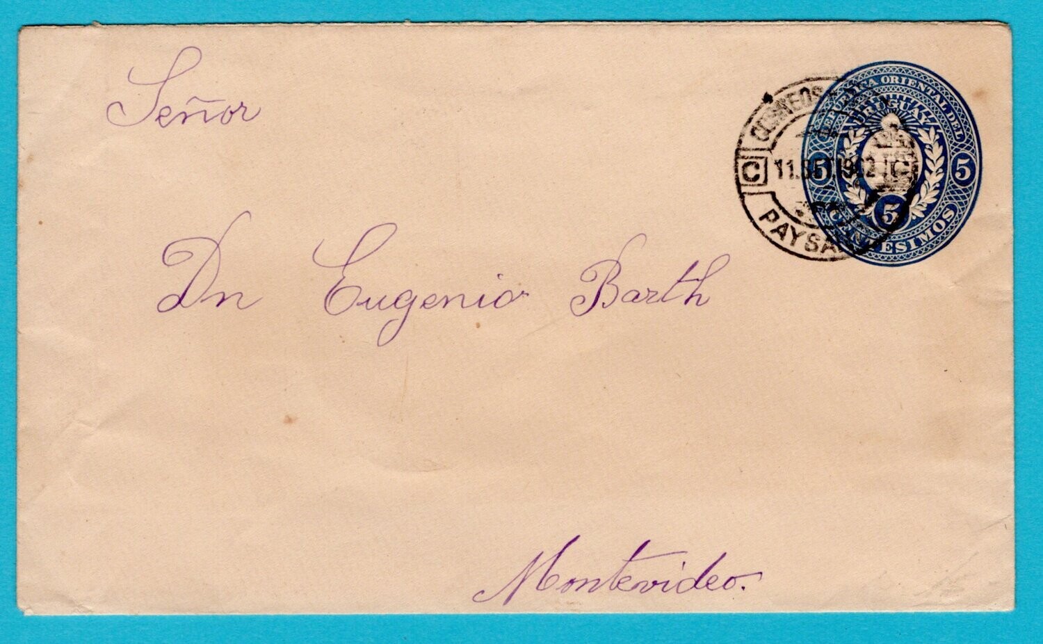URUGUAY postal envelope 1902 Paysandu to Montevideo