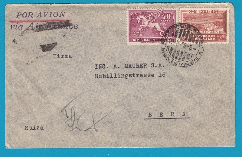 URUGUAY air cover 1938 Montevideo to Switzerland