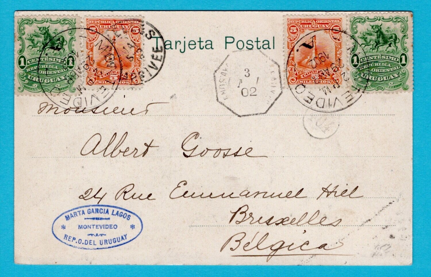 URUGUAY PPC 1902 Montevideo to Belgium