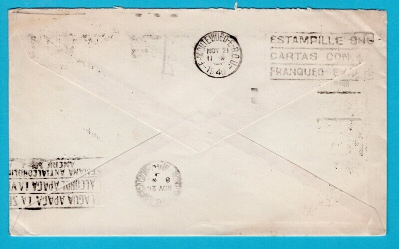 URUGUAY cover 1940 Montevideo Anti Alcohol slogan to USA