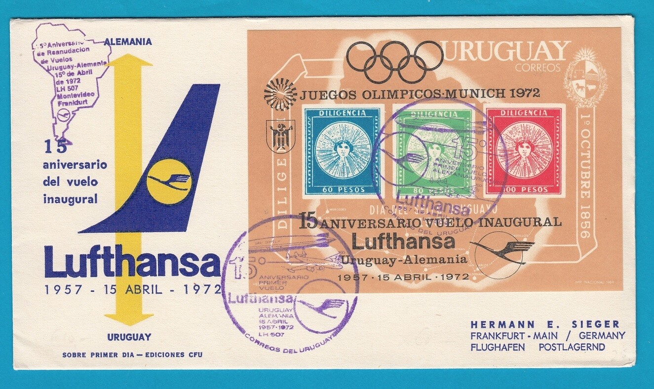 URUGUAY Lufthansa flight cover 1972 with Olympic games sheetlet