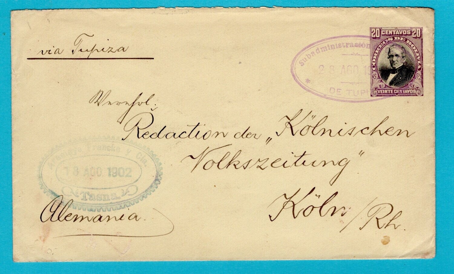 BOLIVIA postal envelope 1902 Tupiza to Germany