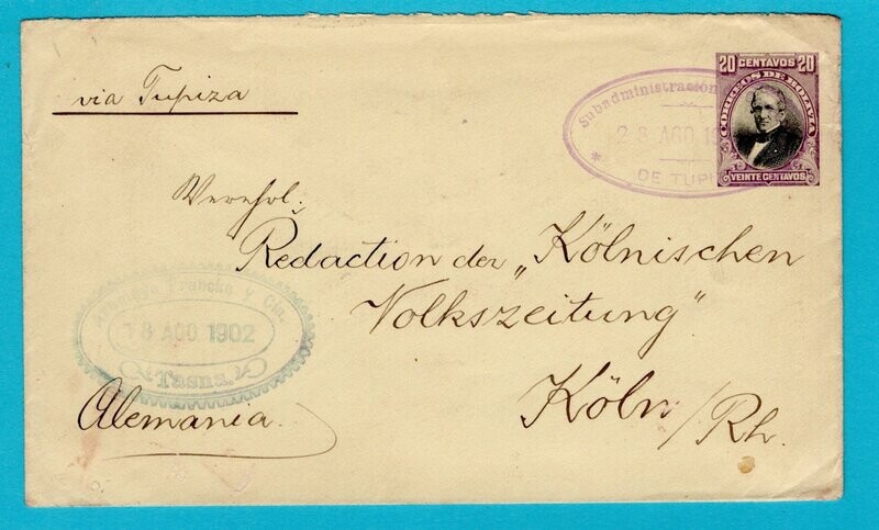 BOLIVIA postal envelope 1902 Tupiza to Germany