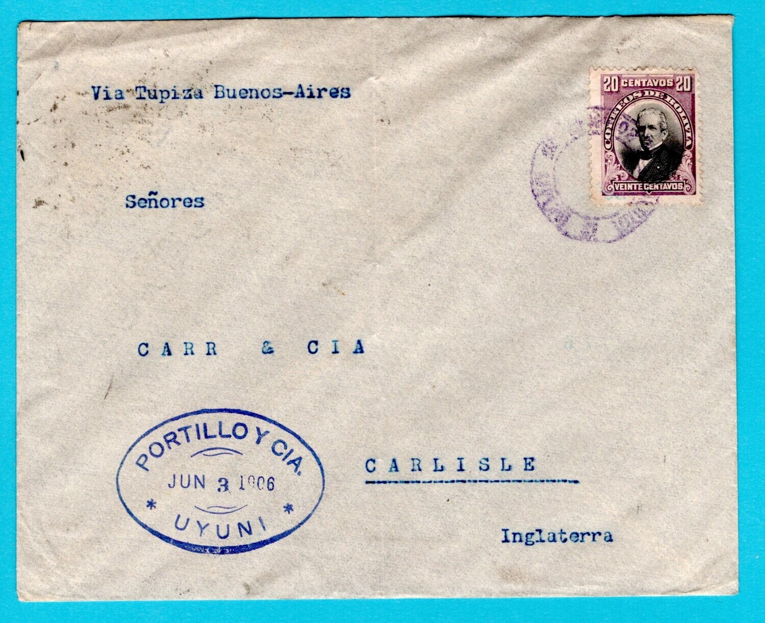 BOLIVIA cover 1906 Uyuni to England