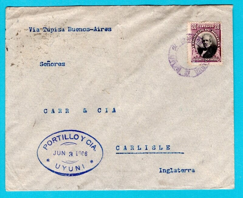 BOLIVIA cover 1906 Uyuni to England