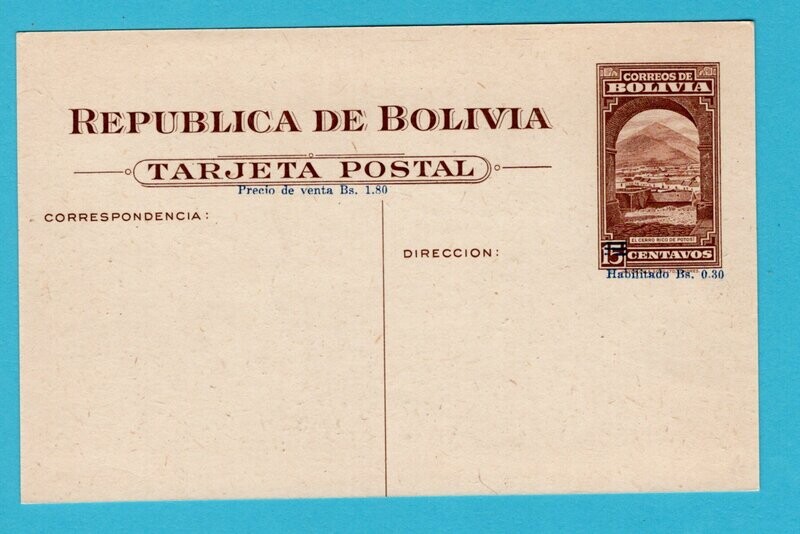 BOLIVIA illustrated postal card &quot;habilitado&quot; view Sucre