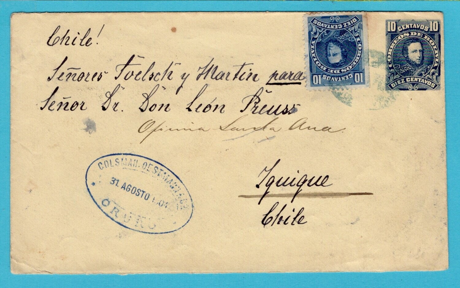BOLIVIA postal envelope 1904 Oruro to Iquique Chile