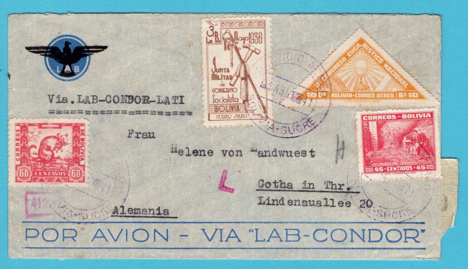 BOLIVIA air censored cover 1941 Sucre by LATI to Germany