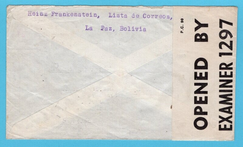 BOLIVIA air censor cover 1940 La Paz to England