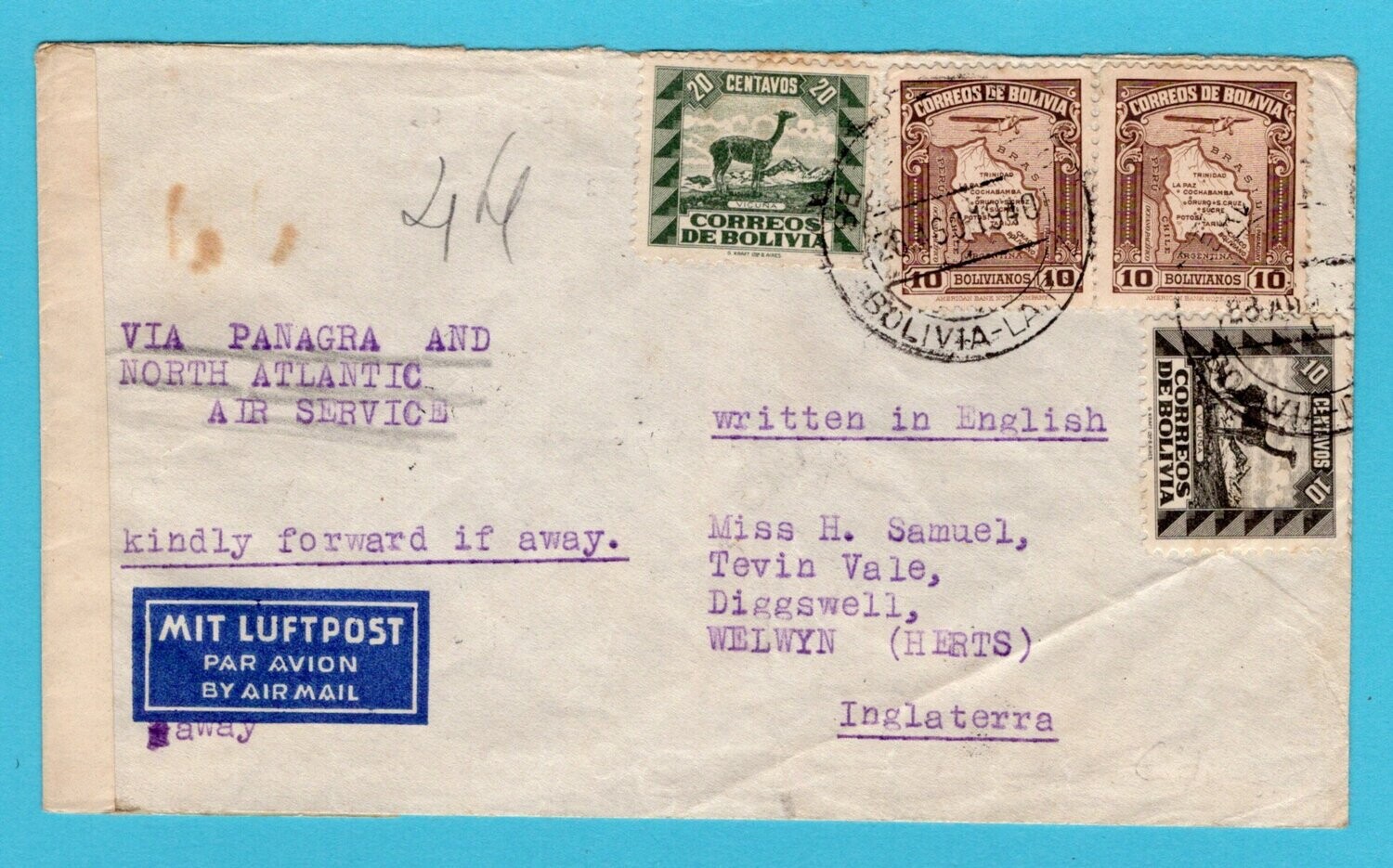 BOLIVIA air censor cover 1940 La Paz to England