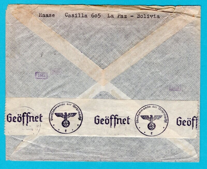 BOLIVIA air censor cover by LAB-LATI 1941 La Paz to Germany