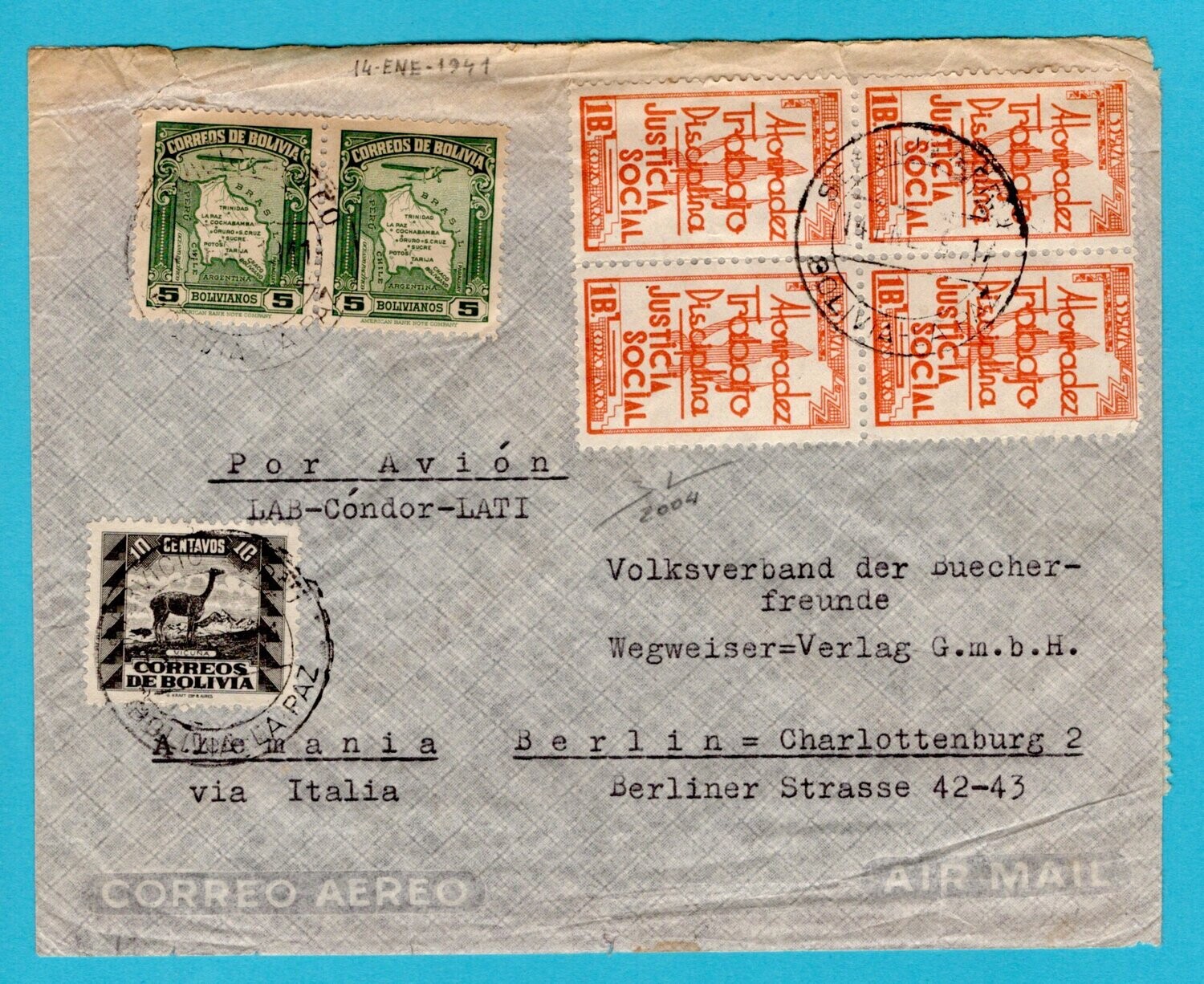 BOLIVIA air censor cover by LAB-LATI 1941 La Paz to Germany