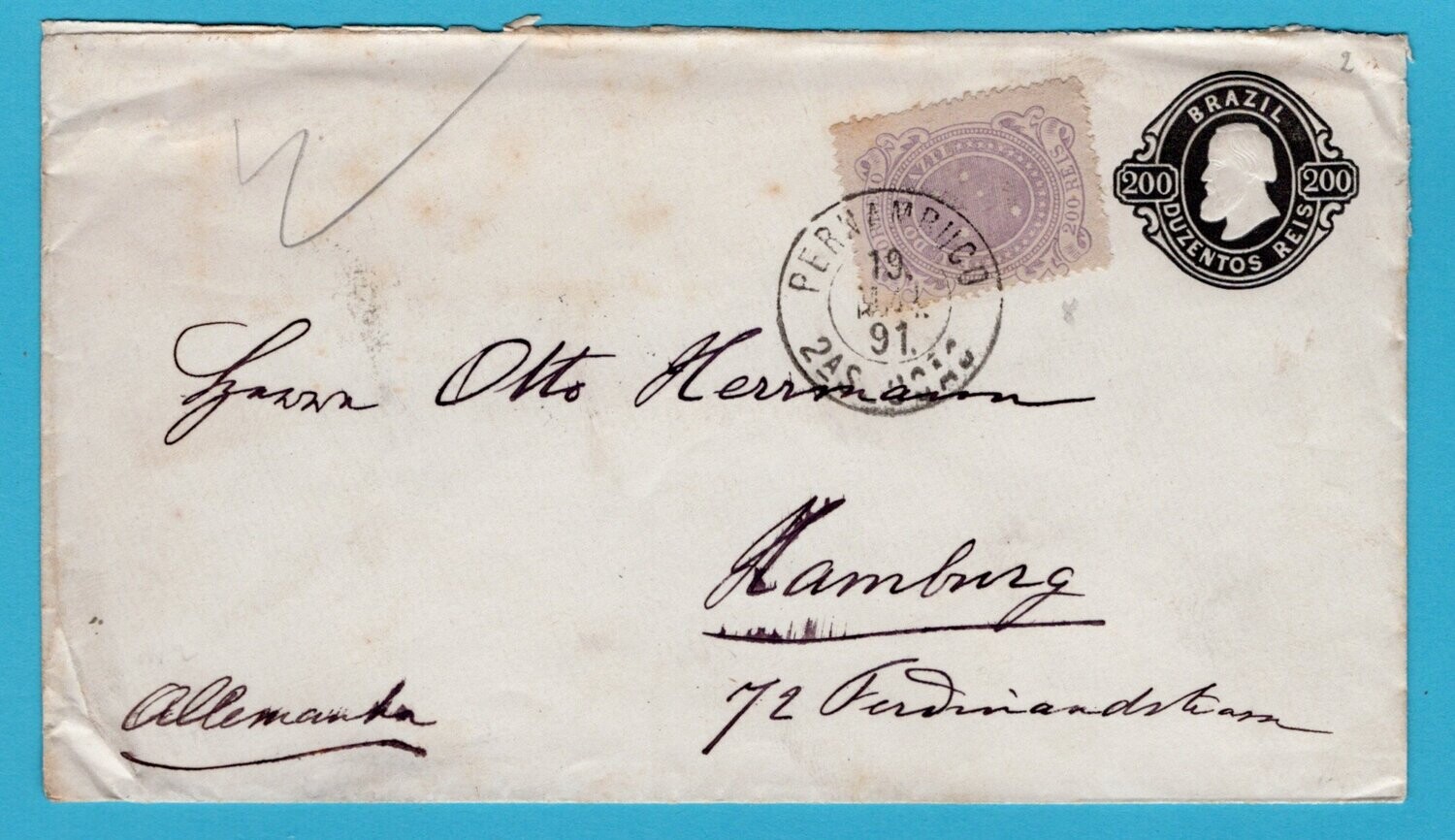 BRAZIL uprated postal envelope 1891 Pernambuco to Germany