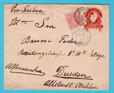 BRAZIL uprated postal envelope 1894 Santos to Germany