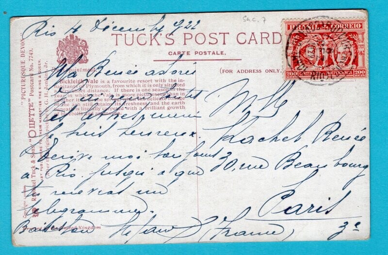 BRAZIL PPC 1922 Sucursal no 7 Rio to France