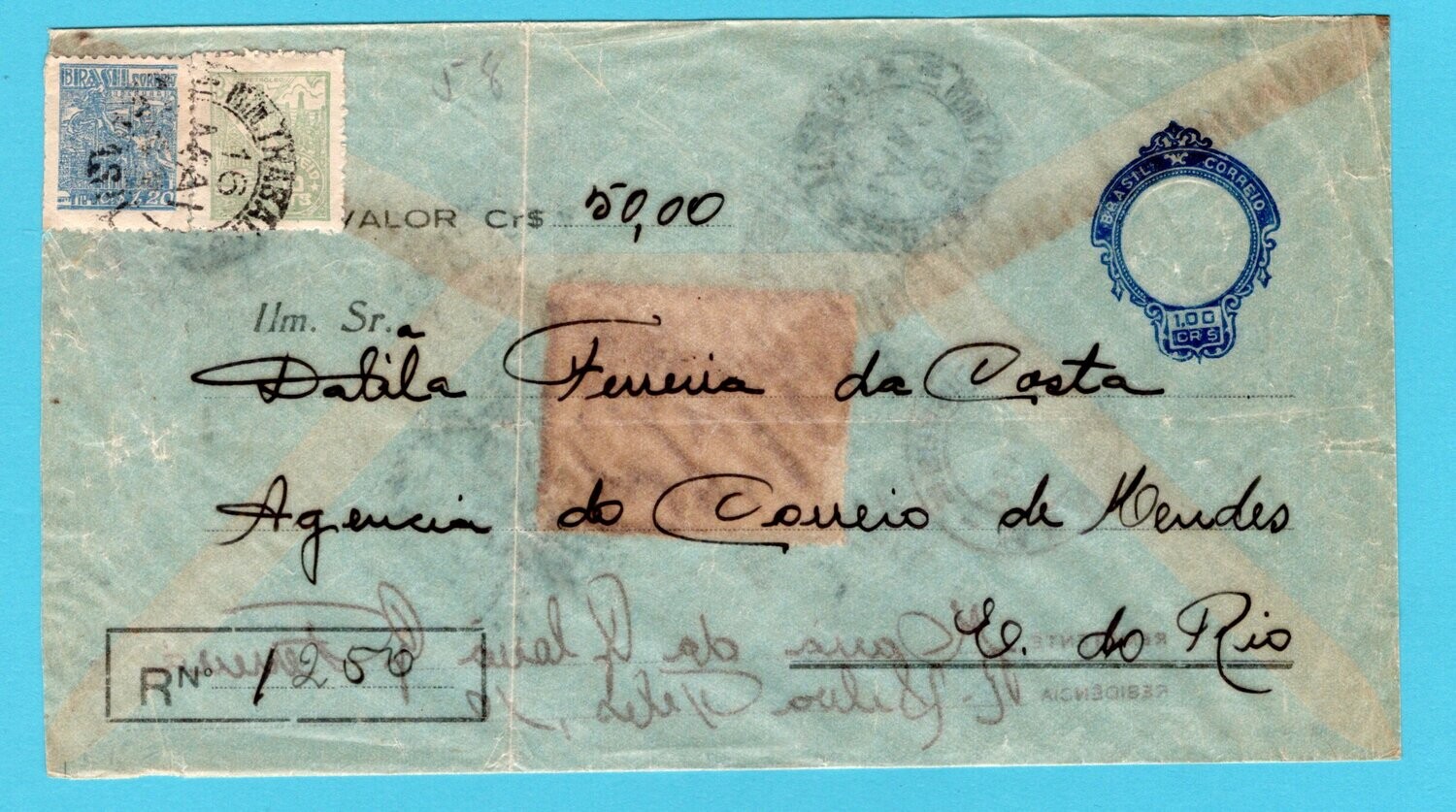 BRAZIL transparent R envelope 1949 for remittance Mendes