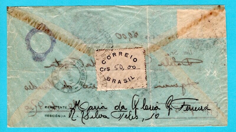 BRAZIL transparent R envelope 1949 for remittance Mendes