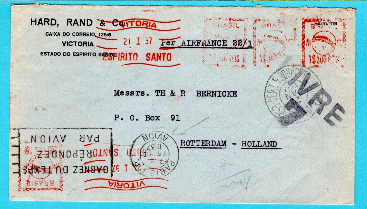 BRAZIL censor air cover 1937 red meter Victoria to Netherlands