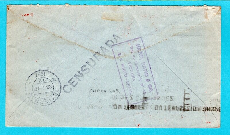 BRAZIL censor air cover 1937 red meter Victoria to Netherlands