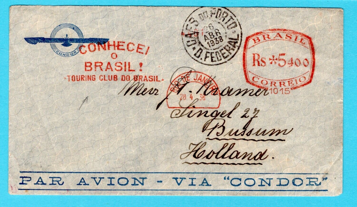 BRAZIL air cover 1938 RdJ red meter Touring Club to Netherlands