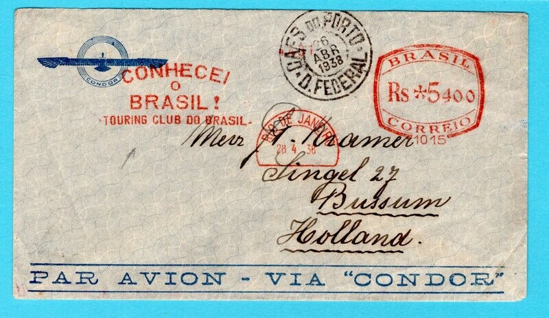 BRAZIL air cover 1938 RdJ red meter Touring Club to Netherlands